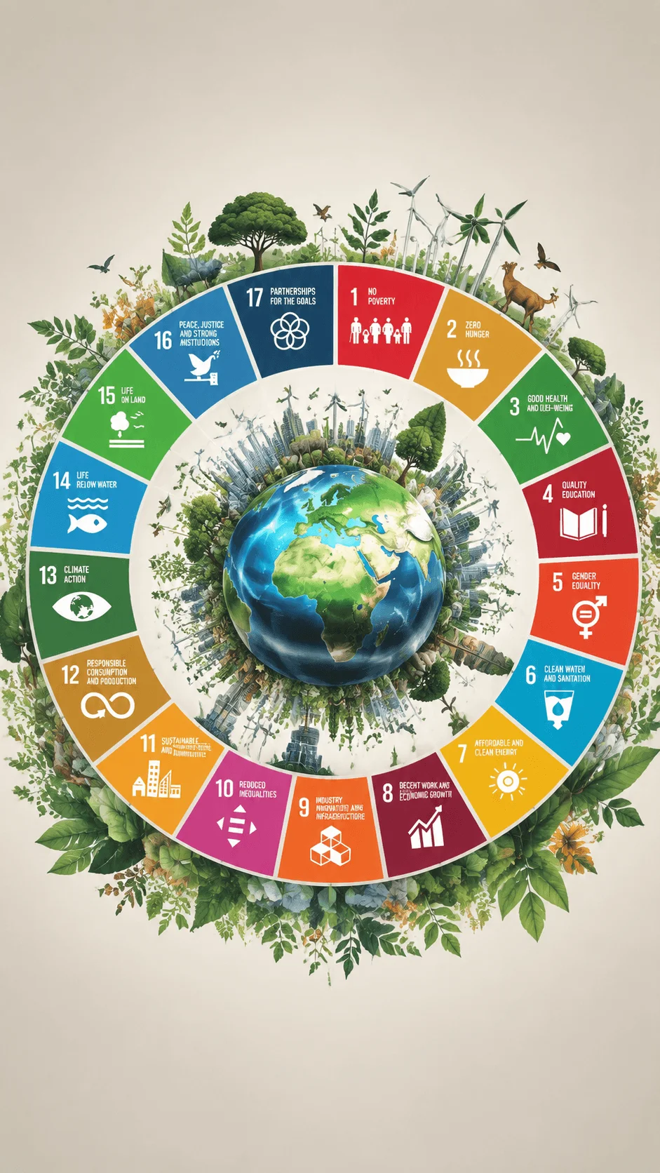 Creative SDG goals wheel poster showing the 17 sustainable development goals around Earth with colorful sections, environmental elements, renewable energy, nature, and global sustainability themes