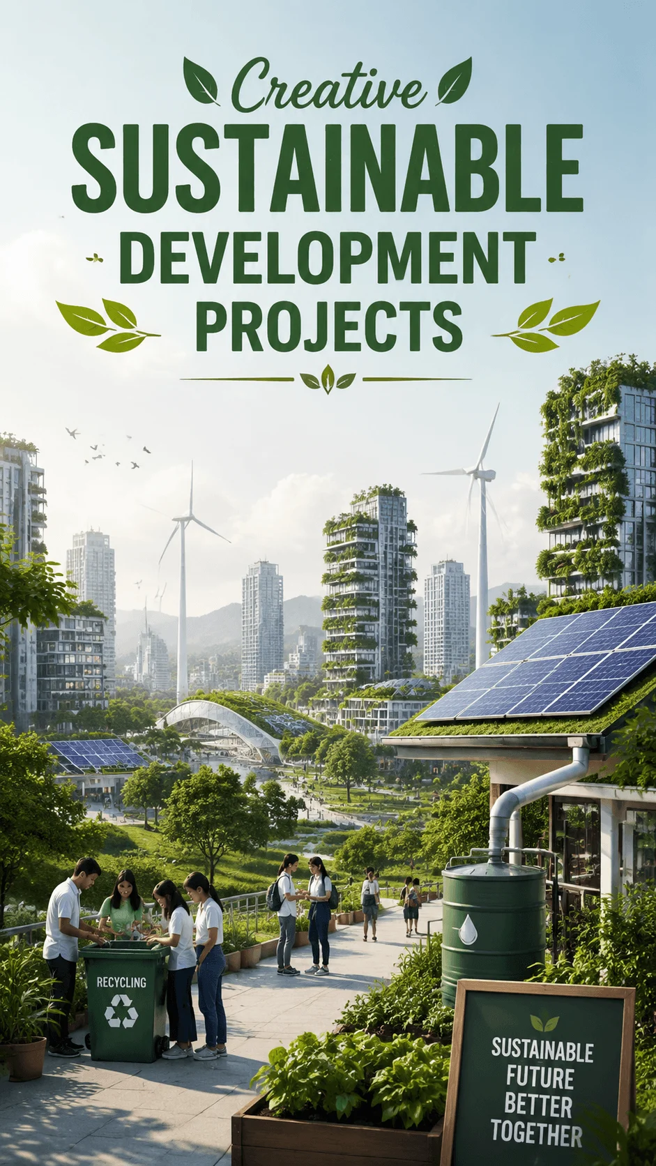 Creative sustainable development projects featuring a green city with solar panels wind turbines vertical gardens recycling and eco friendly urban landscape
