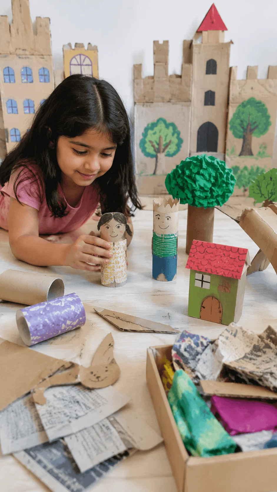 Child creating a zero waste storytelling project using recycled materials to build creative characters houses and a sustainable miniature world