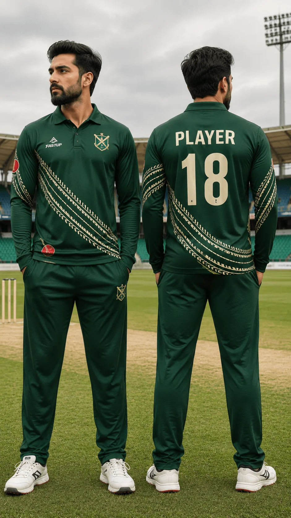 Dark green full sleeve cricket jersey with a cream cricket ball seam wraparound design shown from front and back on players in a stadium