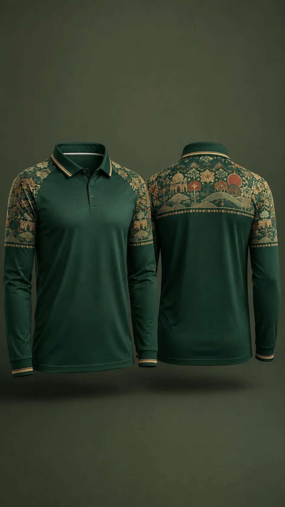 Dark green full sleeve cricket jersey with intricate cultural patterns across the shoulders and upper back shown from front and back