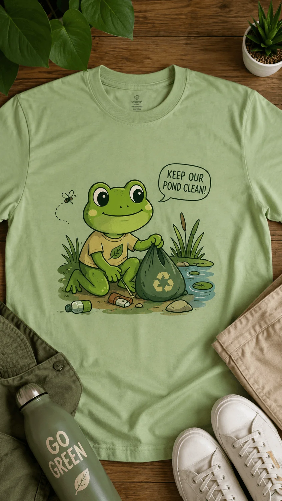 Cute eco mascot green shirt template featuring friendly frog recycling character cleaning a pond on a mint green tshirt with playful environmental illustration and nature themed apparel mockup