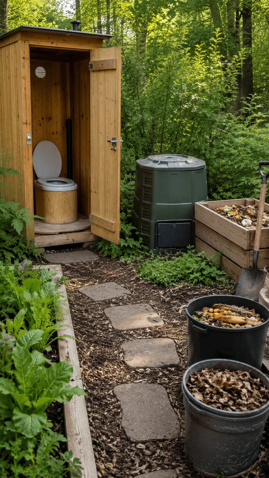 DIY composting toilet and closed loop waste management system with wooden outdoor toilet compost bins organic recycling and sustainable garden setup in a natural forest environment
