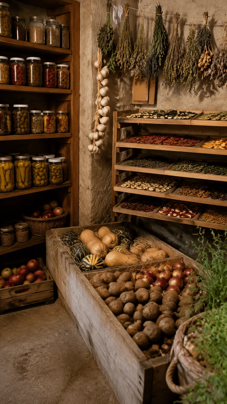 DIY food preservation and sustainable storage system with jars of preserved foods dried herbs vegetables and traditional pantry organization for long term food storage