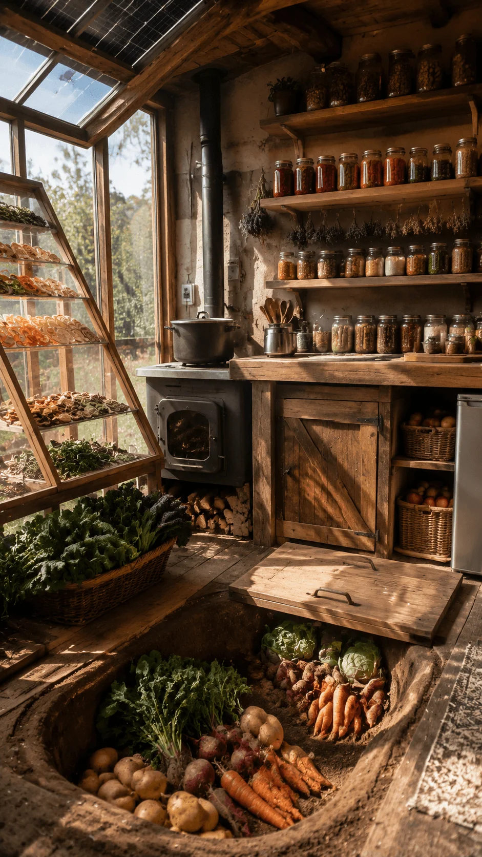 DIY off grid kitchen with sustainable food preservation setup featuring solar power natural storage shelves root cellar vegetables and traditional cooking methods in an eco friendly home environment