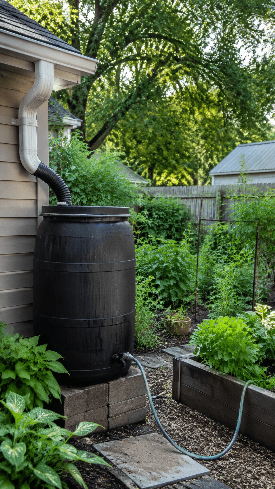 DIY rainwater harvesting system with large water collection barrel connected to house gutter beside a green vegetable garden and sustainable backyard landscape