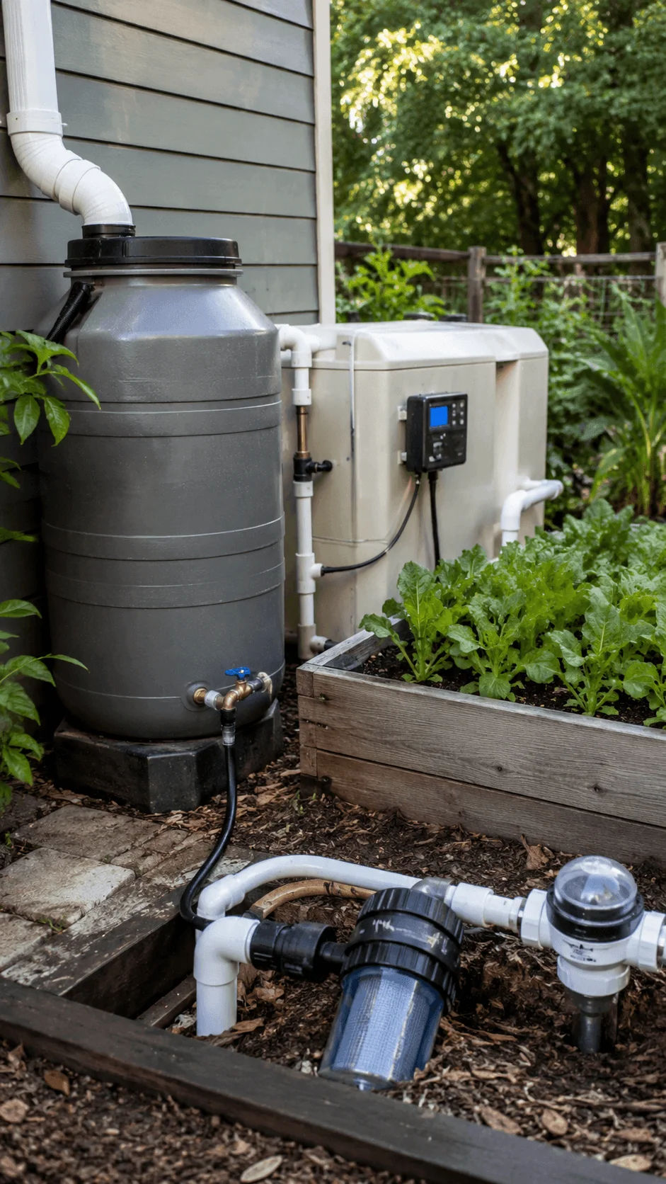 DIY rainwater harvesting and smart water recycling system with storage tanks filtration pipes and sustainable garden irrigation setup for eco friendly home water management