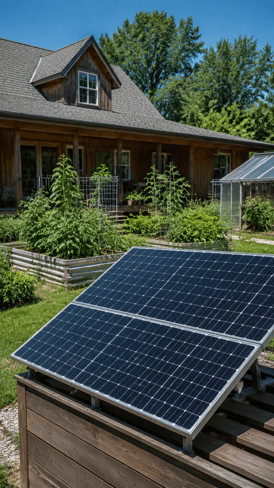 DIY solar powered homestead project with solar panels installed beside a sustainable wooden home vegetable garden and greenhouse in a green backyard environment