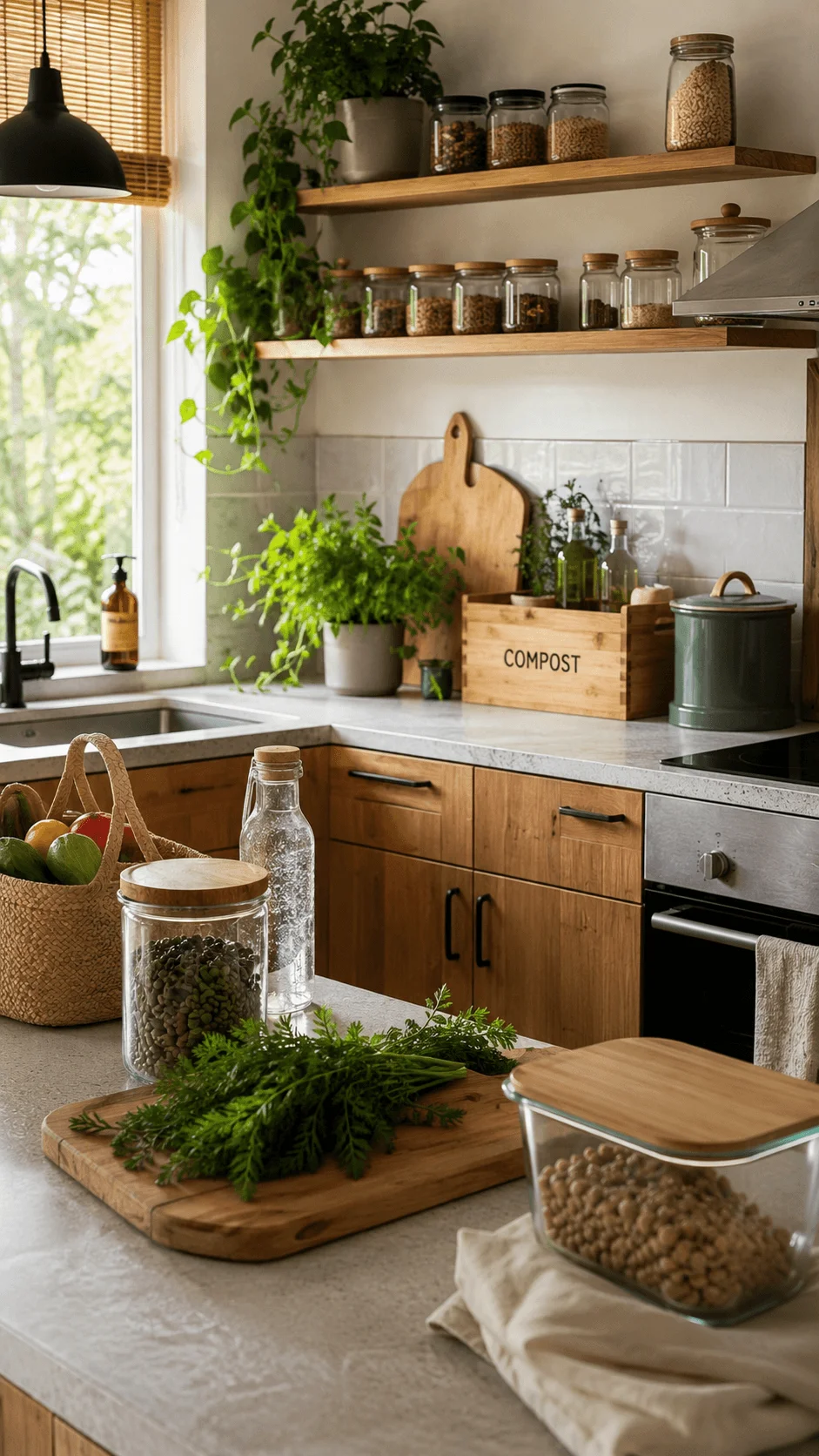 Sustainable kitchen with wooden cabinets, glass storage containers, compost system, fresh herbs, indoor plants, and eco friendly zero waste living design elements