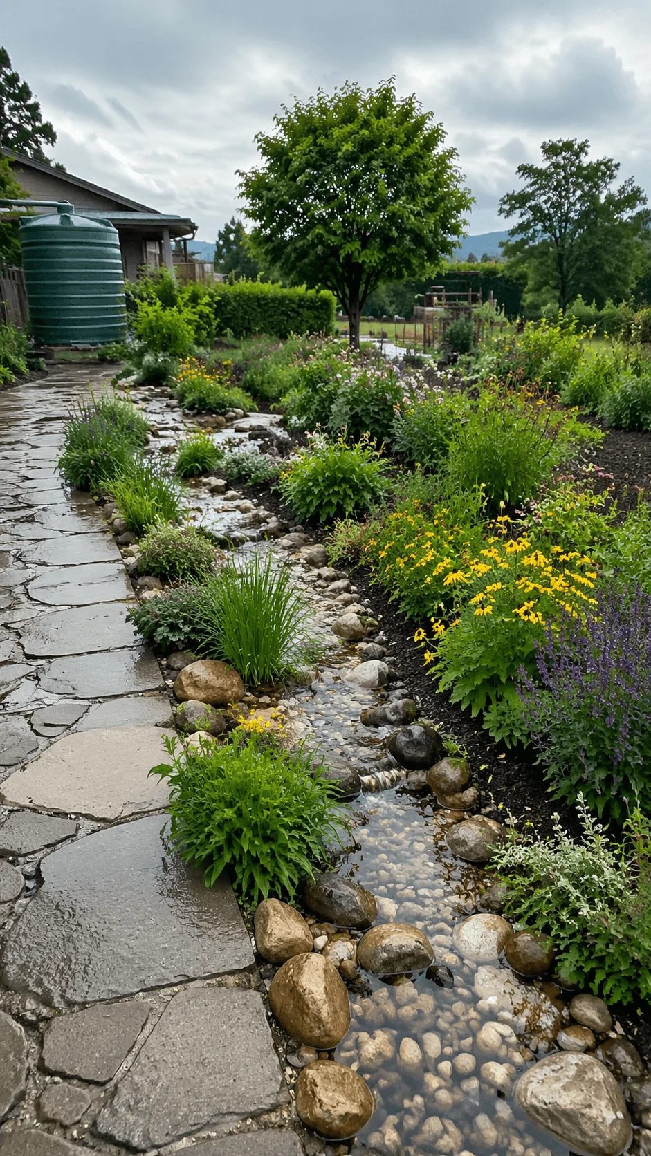 Climate resilient garden with rainwater harvesting system native plants flowing stream rocks and lush greenery designed to adapt to changing weather conditions