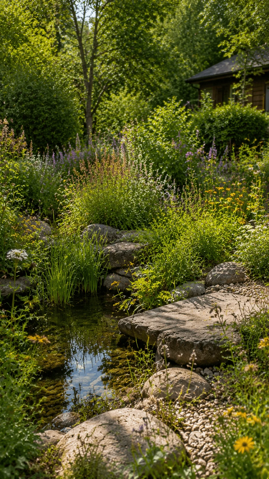 Natural style garden with a small pond native wildflowers rocks and lush greenery creating a balanced ecosystem that supports wildlife and biodiversity