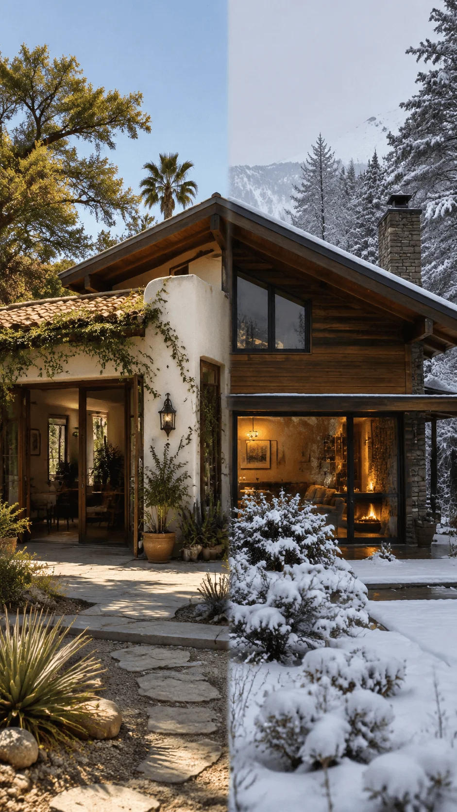 Climate responsive sustainable home designed for both warm and cold climates showcasing seasonal adaptation energy efficiency and resilient architecture
