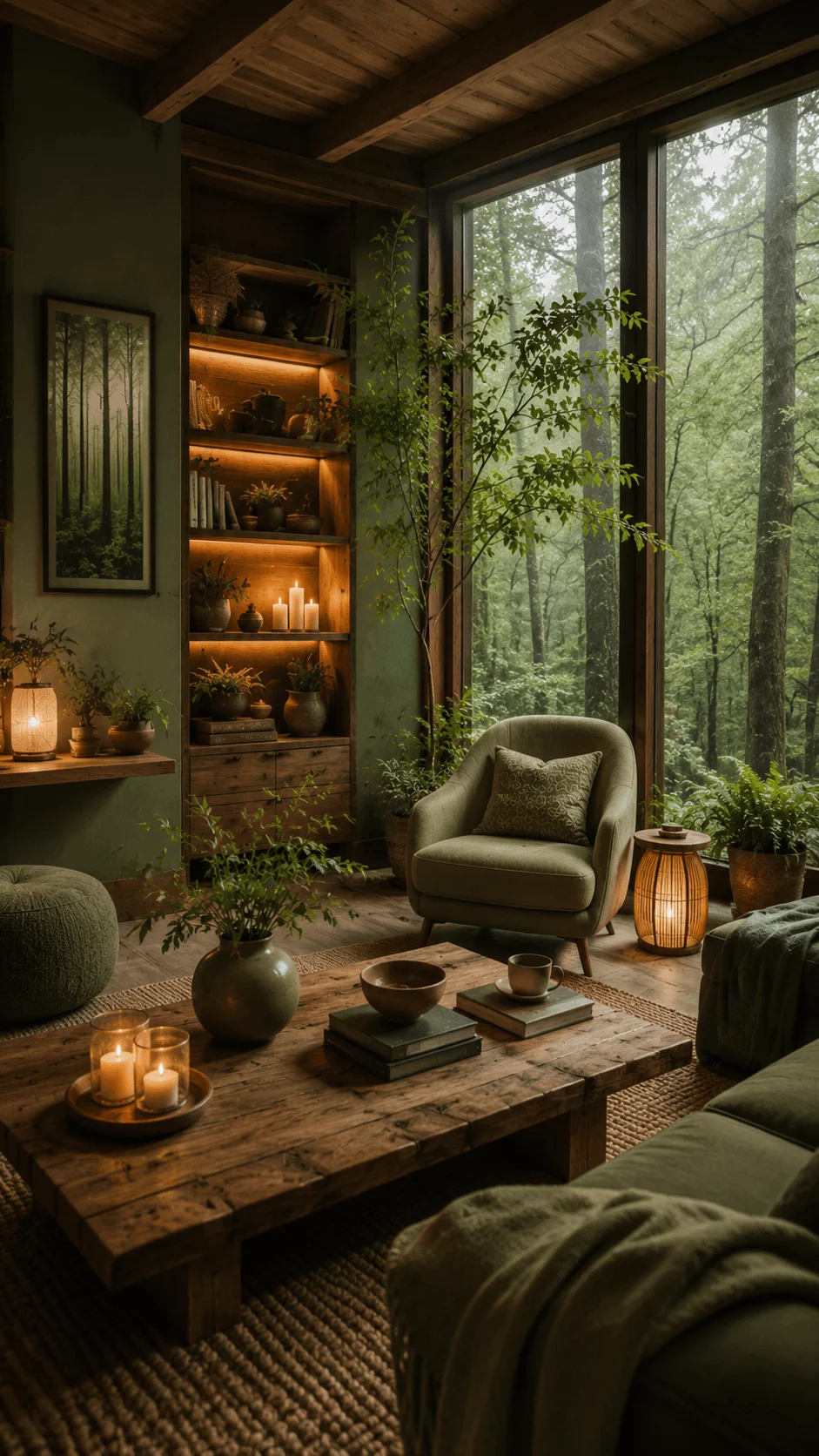 Forest inspired wellness home with wooden interiors, green plants, warm lighting, cozy seating, and a peaceful natural atmosphere designed for relaxation and balance