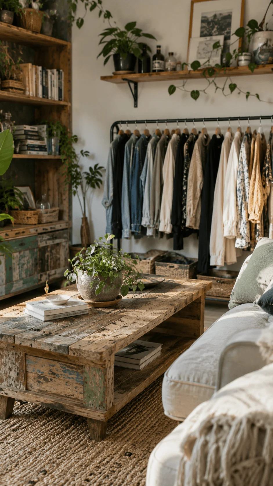 Circular living aesthetic with reclaimed wooden furniture, second hand clothing, indoor plants, and a sustainable home design focused on reuse and reducing waste