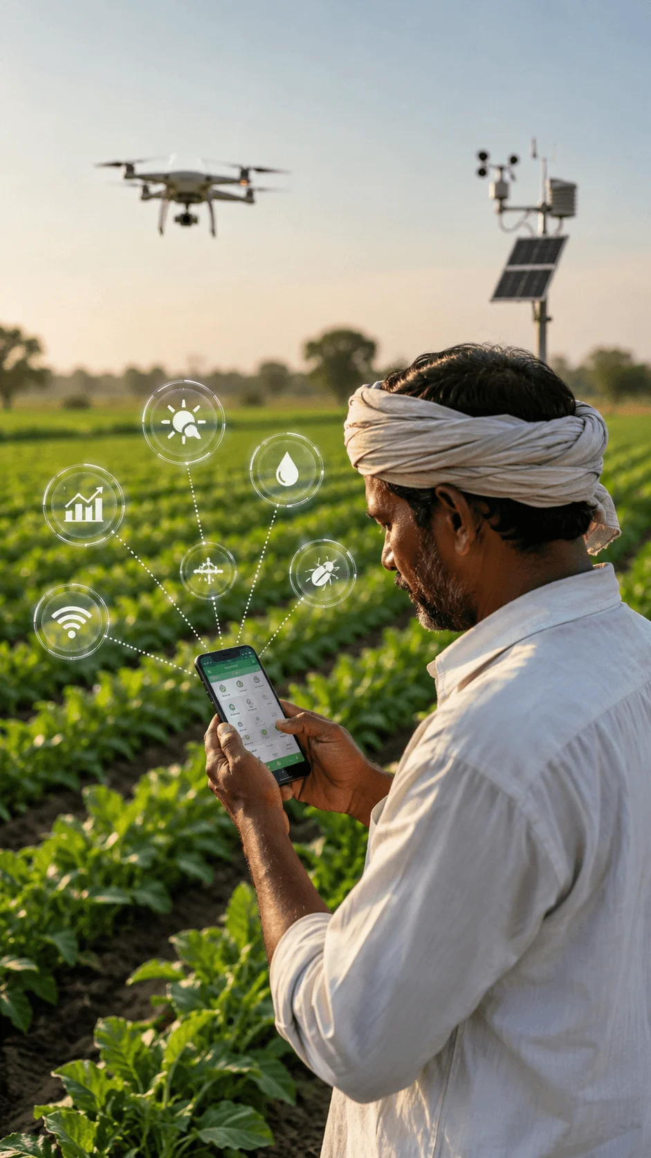 Digital agriculture and smart farming image showing a farmer using a mobile application with connected technology, drones, weather sensors, data monitoring, and smart crop management systems in a green field