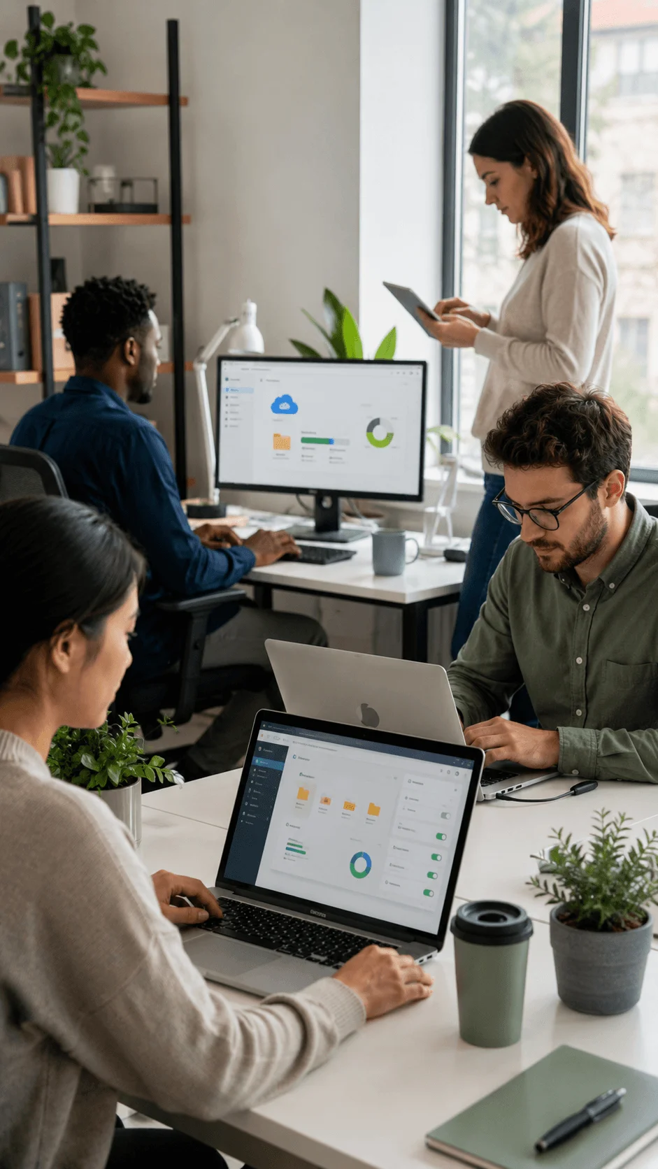 Employees participating in a digital carbon cleanup day by organising cloud files removing unused data and improving digital storage in a green modern office