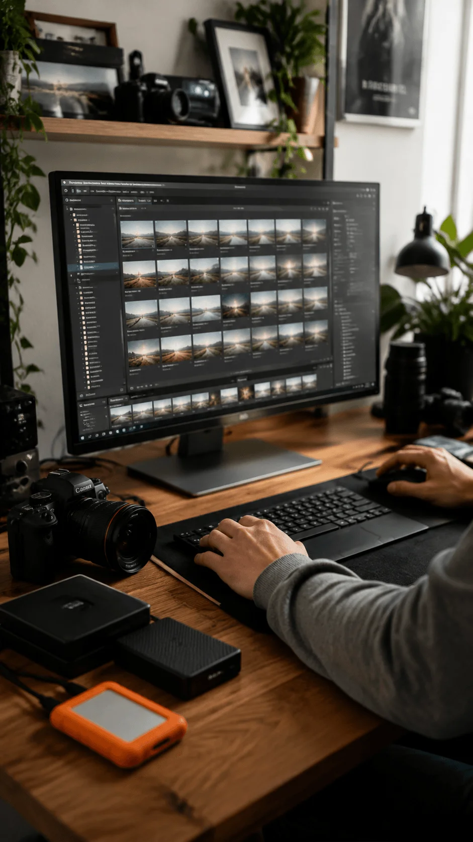 Photographer organizing and managing digital photo files on a computer with camera equipment and storage devices in a sustainable editing workspace