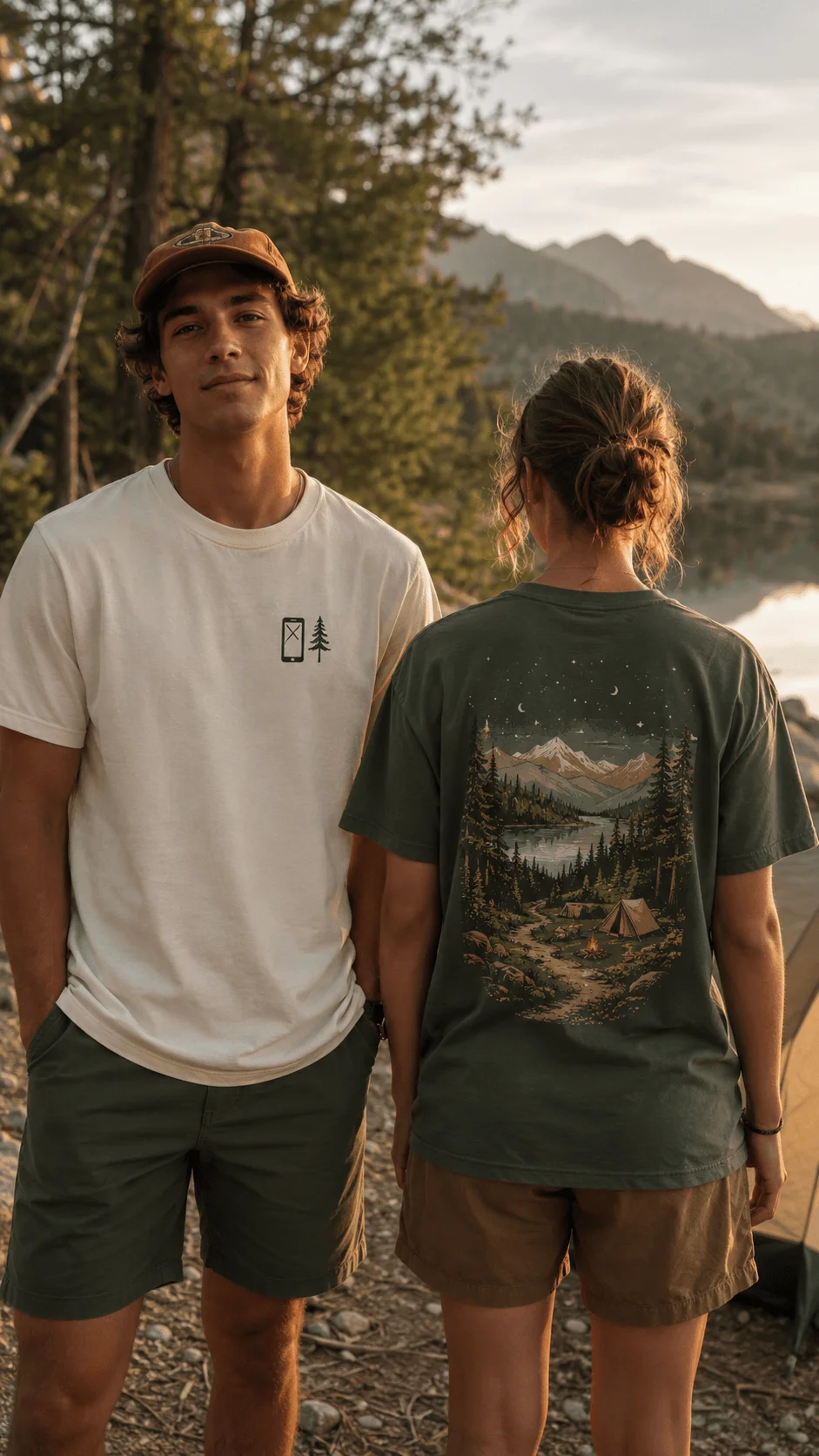 Digital detox outdoor graphic T shirts featuring a phone free nature symbol and detailed mountain lake camping artwork