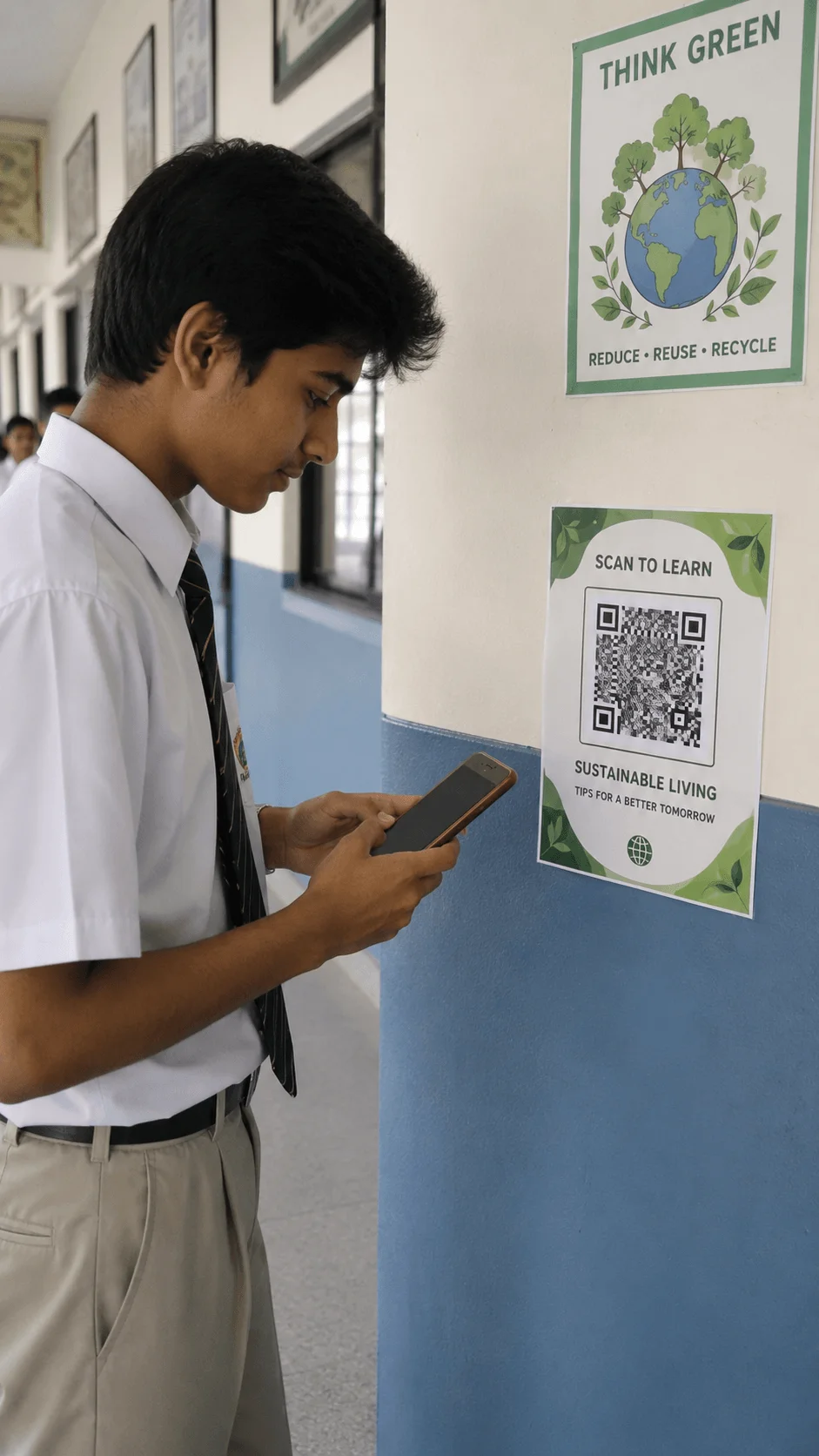 High school student scanning a QR code with a smartphone in a school hallway to access digital sustainability tips and environmental awareness content