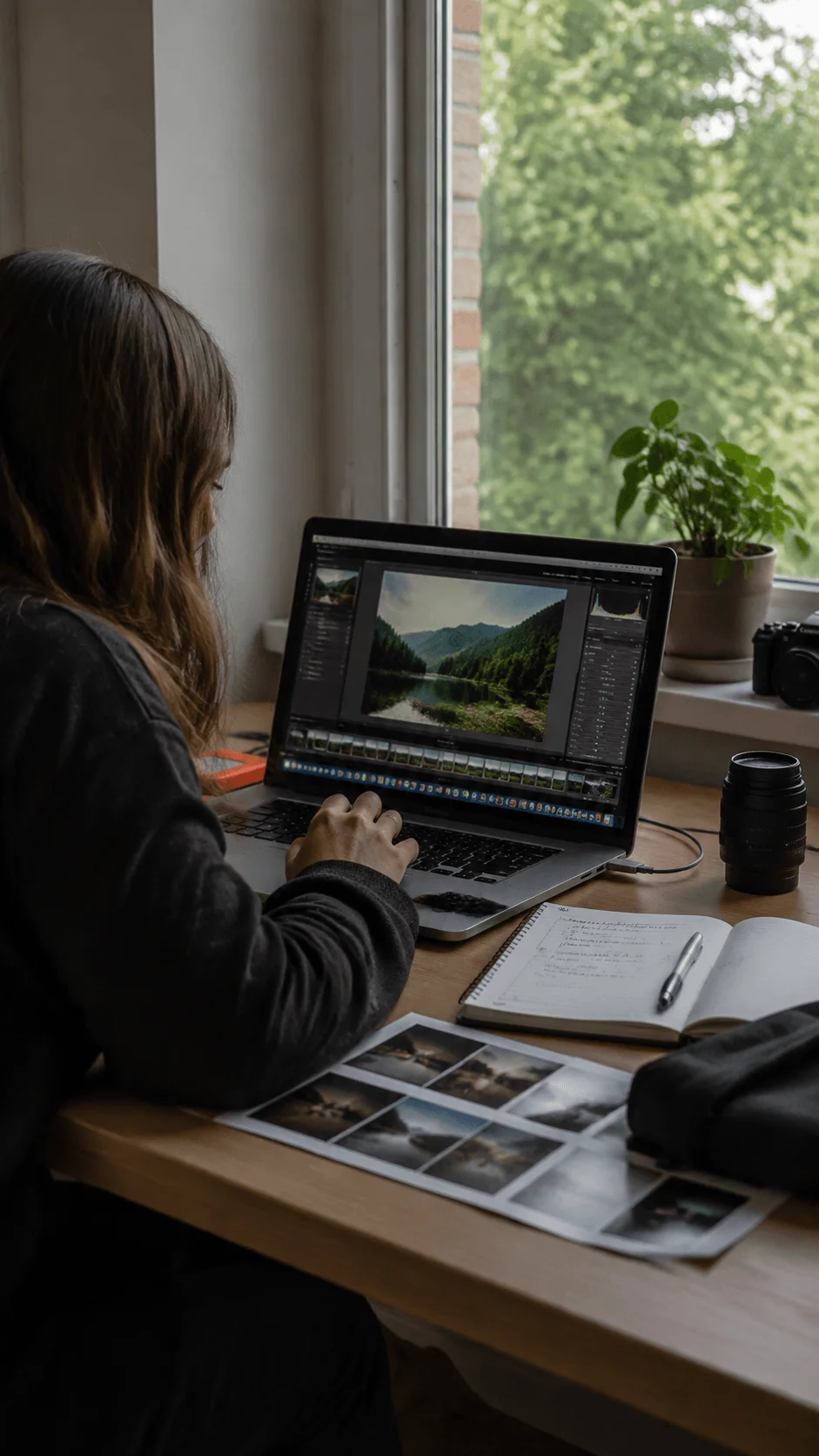 Digital editing and sustainable production methods showing a photographer working on nature images with photo editing software, camera equipment, printed photographs, and notes in an eco friendly creative workspace near natural light