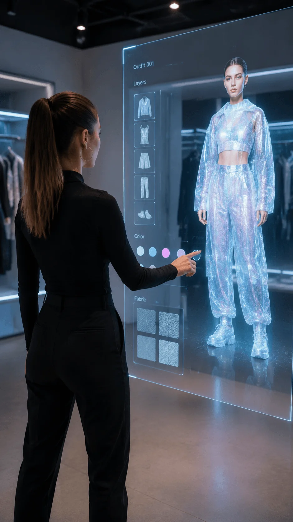 Digital fashion design concept showing a designer creating virtual clothing with futuristic technology, holographic garments, digital interfaces, and immersive virtual fashion experiences