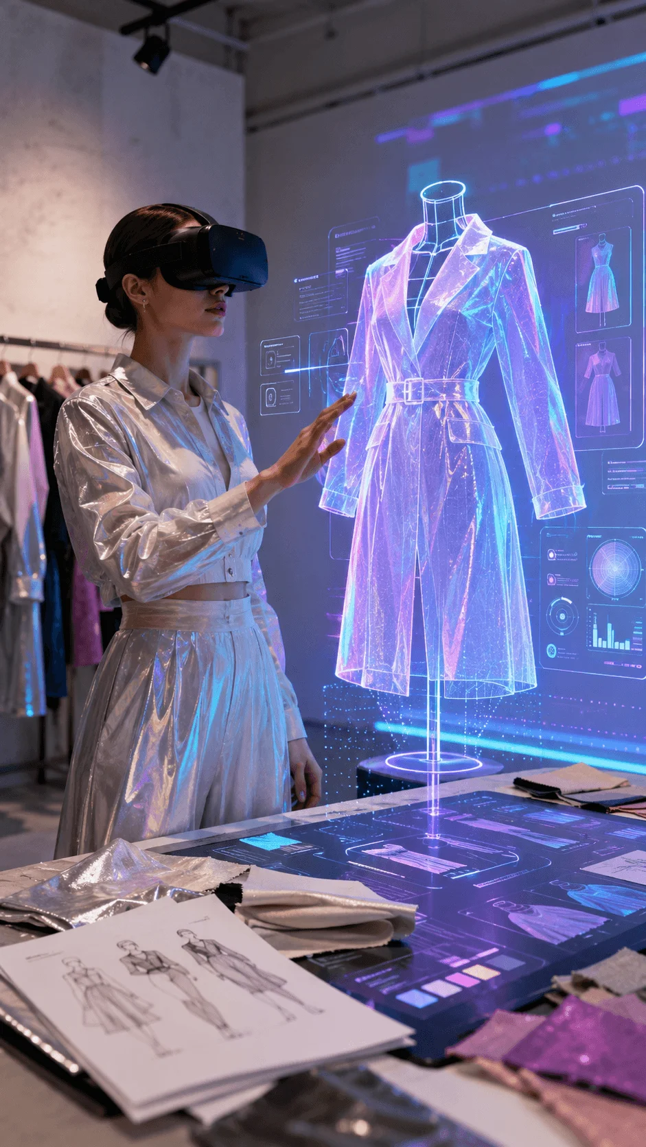 Digital fashion poster showing a designer using virtual reality technology to create a holographic clothing design with futuristic digital interfaces, virtual garments, smart fashion tools, and innovative sustainable fashion concepts combining technology and creativity