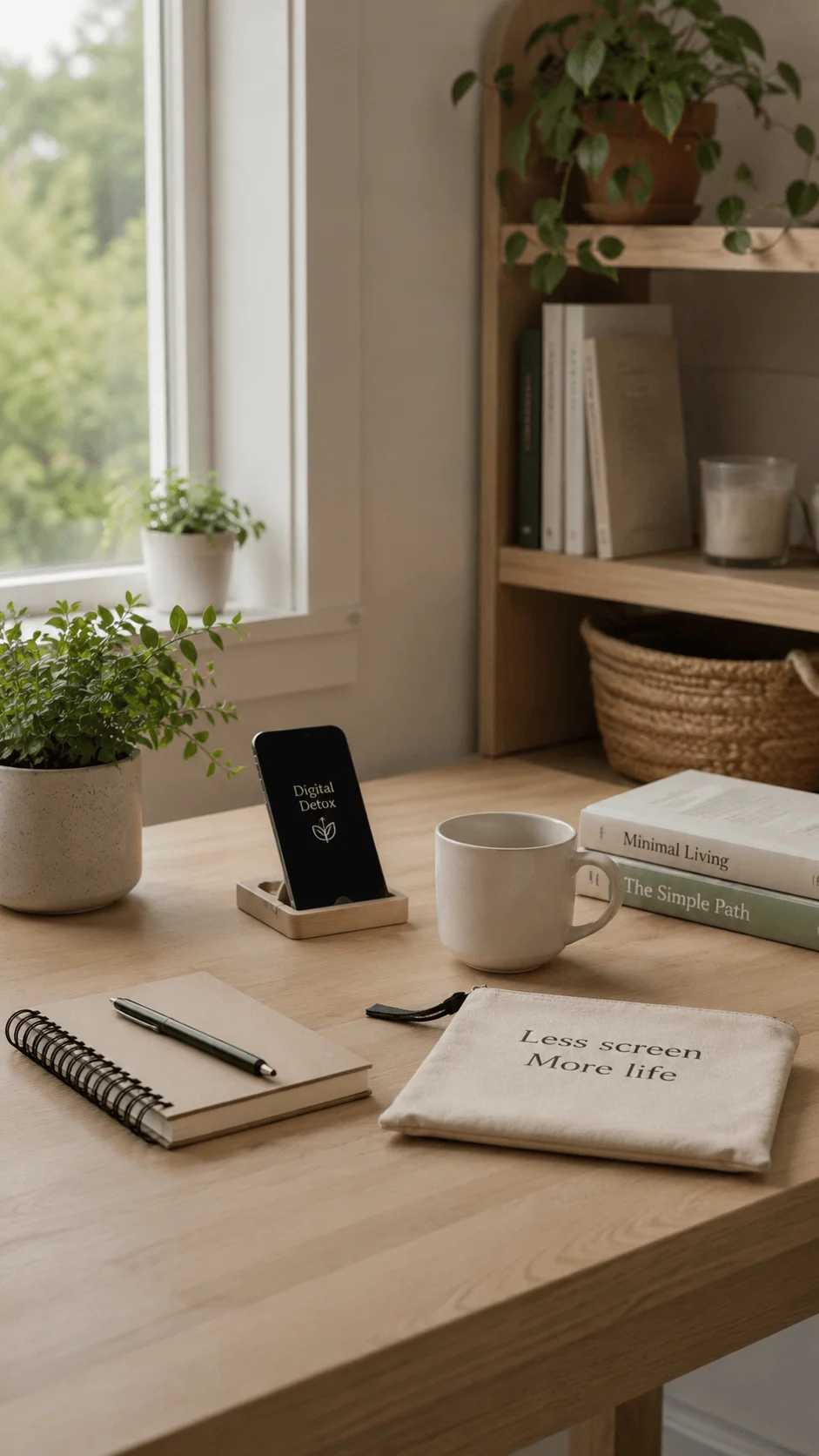 Digital minimalism workspace with notebook coffee cup smartphone plant and natural wooden desk creating a calm conscious modern living environment