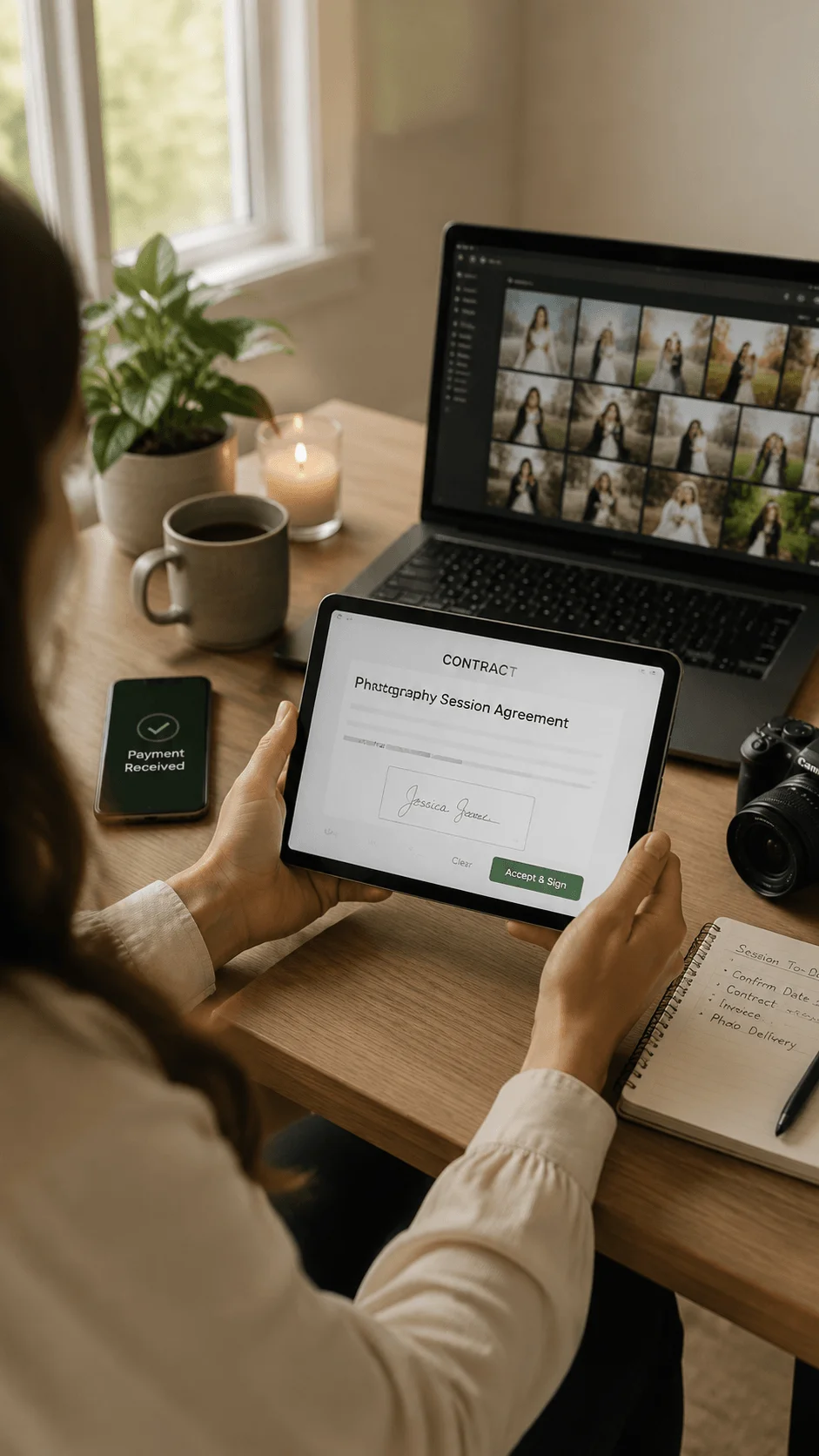 Digital only photography client experience showing a photographer using a tablet for electronic contract signing with online payment digital workflow and photo management setup in a modern workspace