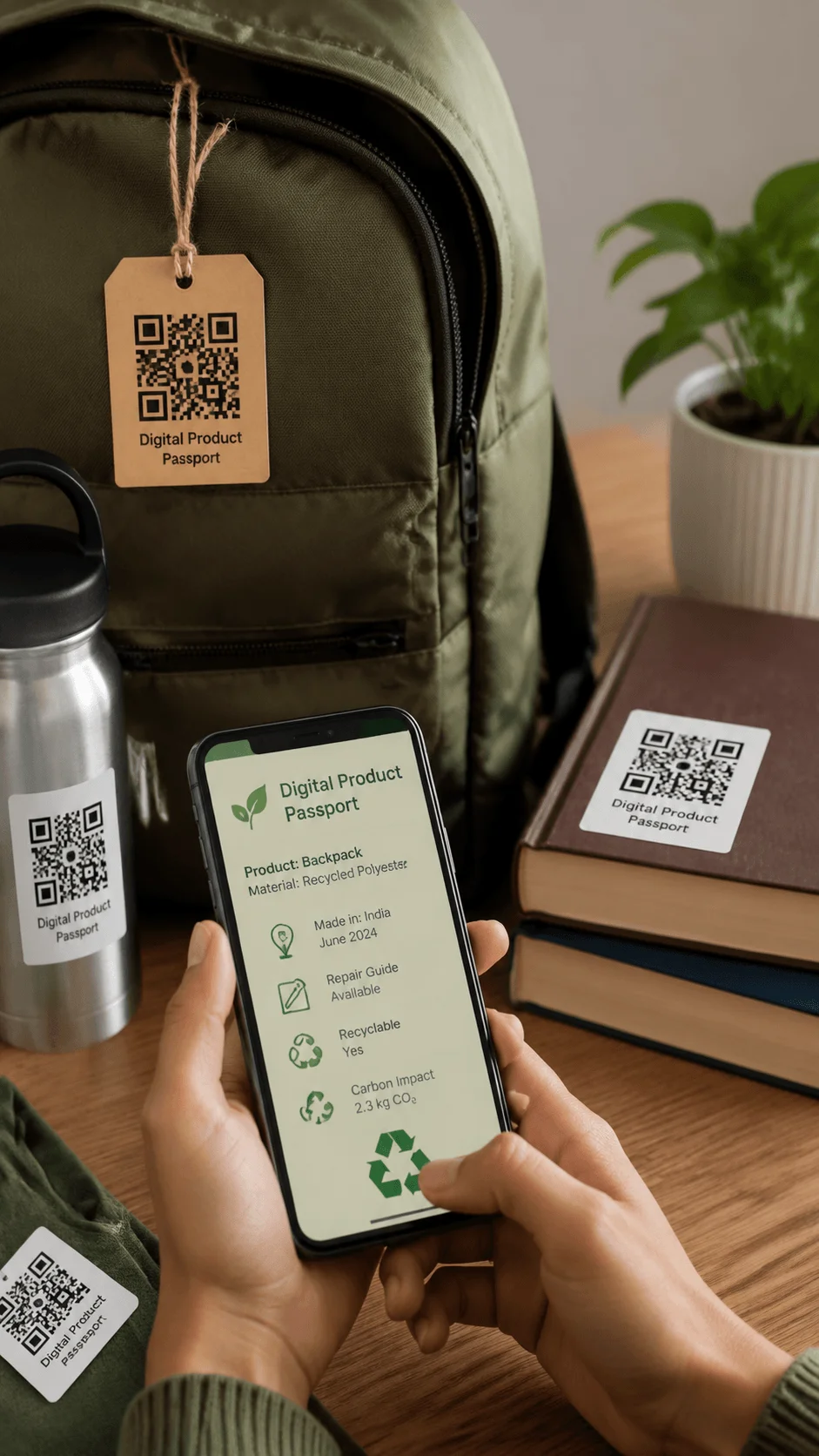 Digital product passport project showing QR code labels on everyday products with a smartphone displaying product information, recycling details, repair options, and sustainability data for responsible consumption and circular economy practices