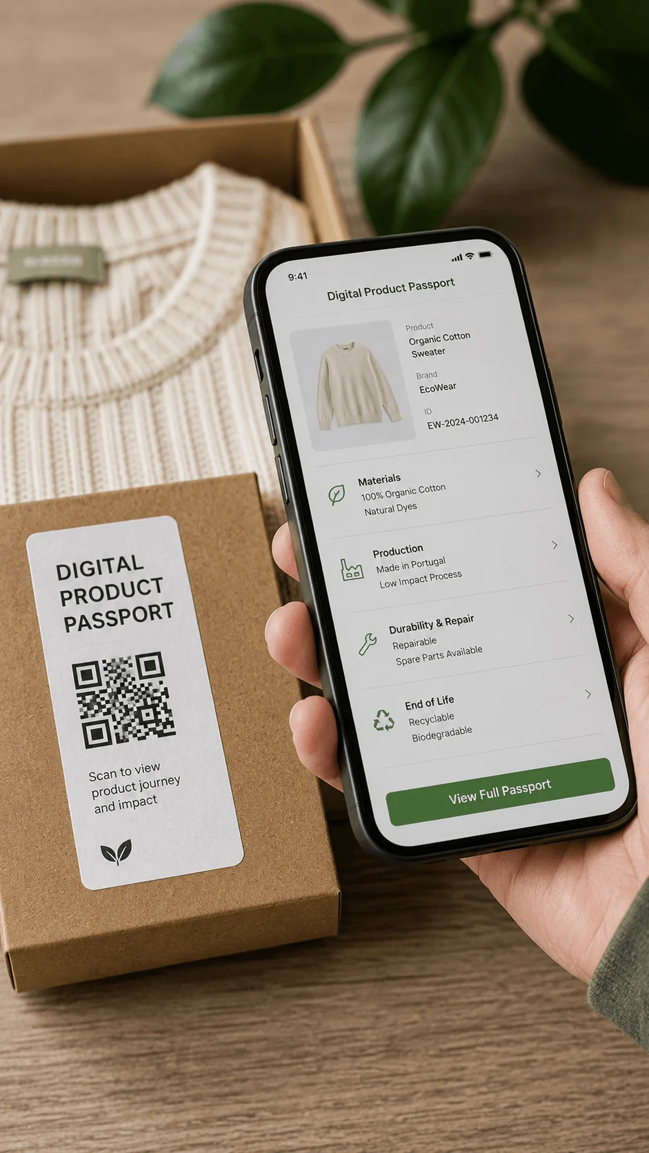 Digital product passport sustainable design concepts featuring QR code product tracking digital transparency eco friendly packaging and lifecycle information technology for sustainable products