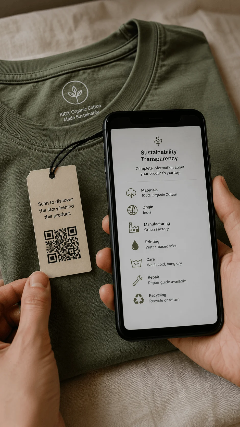 Digital product passport for a sustainable organic cotton T shirt showing QR code traceability materials origin manufacturing printing care repair and recycling information