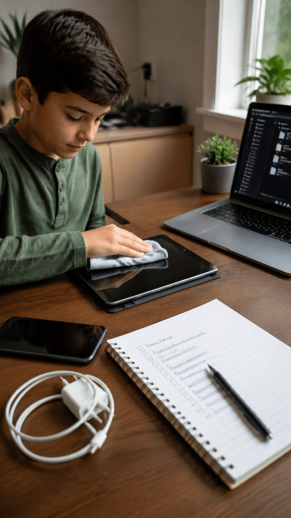 Child practicing digital sustainability by cleaning and organizing electronic devices with a tablet laptop and checklist for responsible technology use