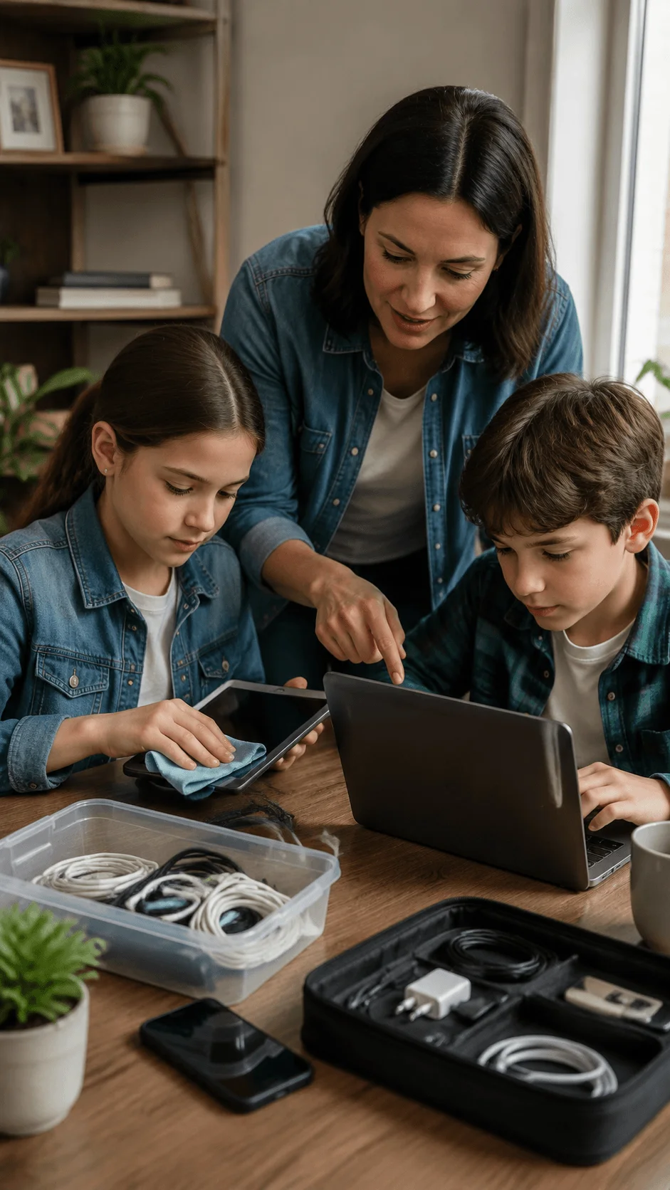 Children learning digital sustainability by cleaning devices organizing cables and practicing responsible technology use with family guidance