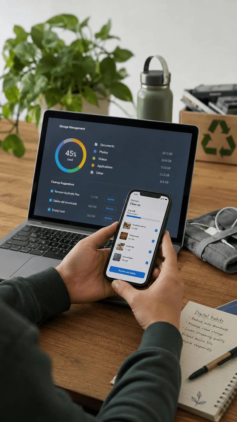 Person managing digital storage on a laptop and smartphone to reduce unnecessary files and improve sustainable technology habits