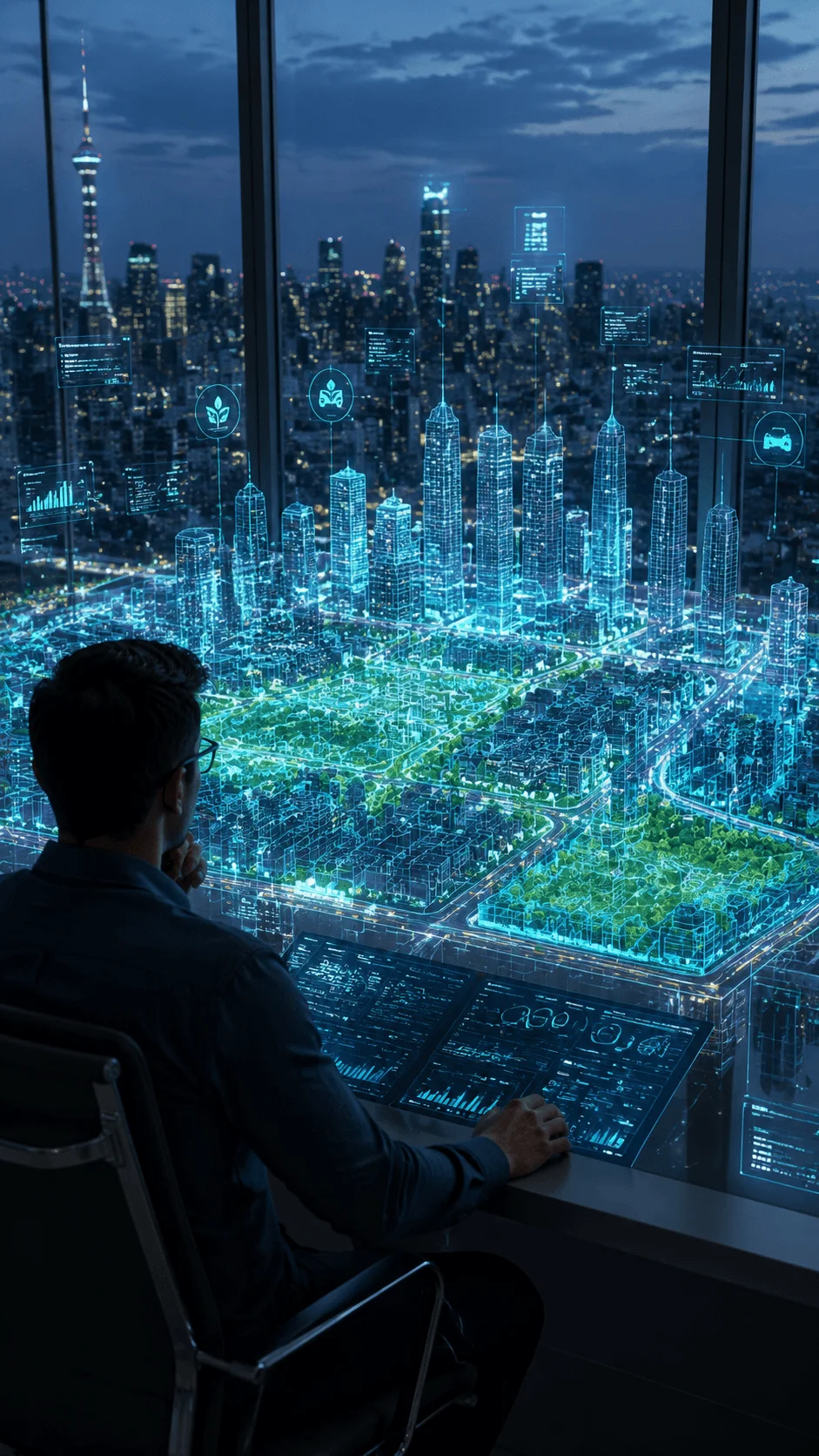 Digital twin city planning with futuristic virtual city model interactive holographic data dashboards smart urban analytics and real time digital simulation for sustainable city management