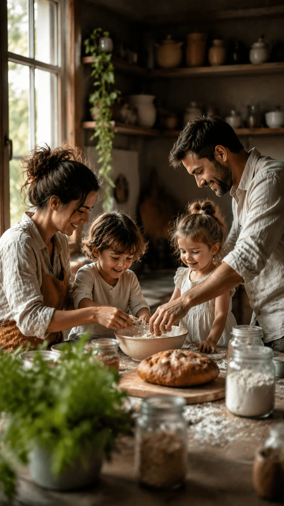 Documentary lifestyle photography showing a family sharing an authentic moment while preparing food together in a warm home kitchen with natural light and genuine emotions