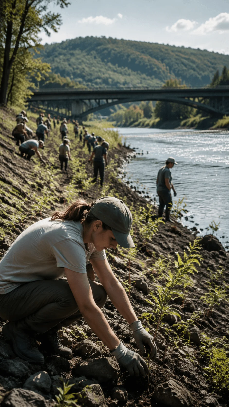 People planting trees along a riverbank during an environmental restoration project surrounded by nature and mountains