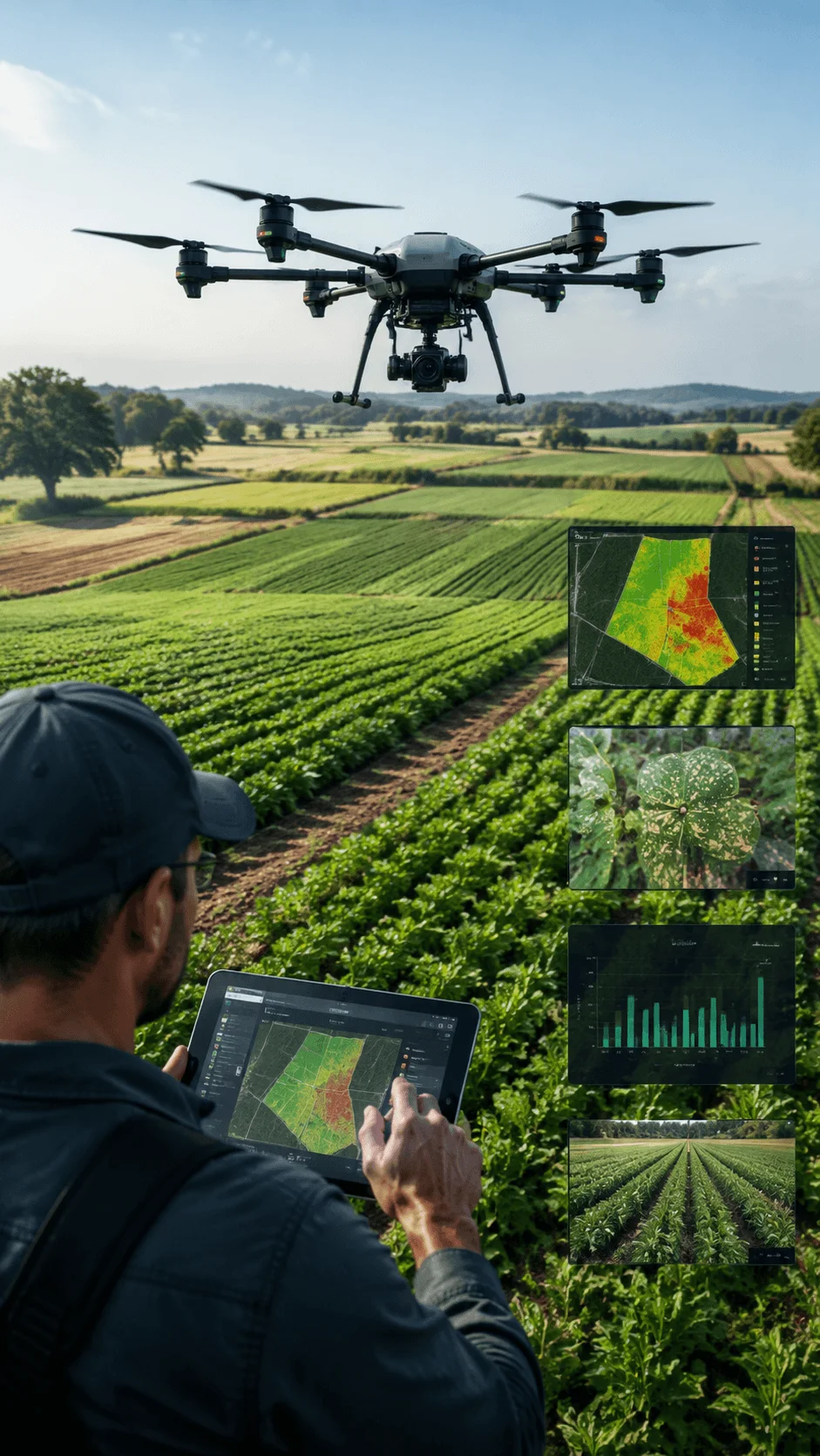 Drone technology in sustainable farming image showing an agricultural drone flying over green fields while a farmer uses digital data analysis on a tablet to monitor crop health and field conditions