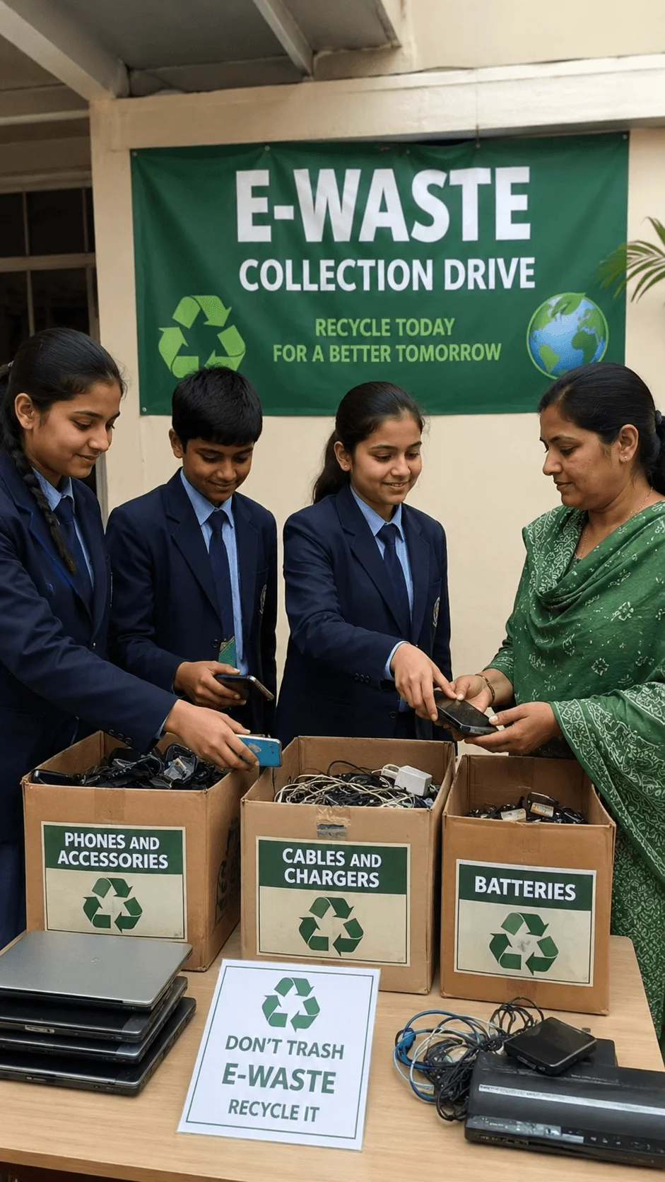 Students and a teacher participating in an e waste collection and recycling drive by sorting old phones chargers cables and batteries into labeled recycling boxes while promoting responsible electronic waste disposal.