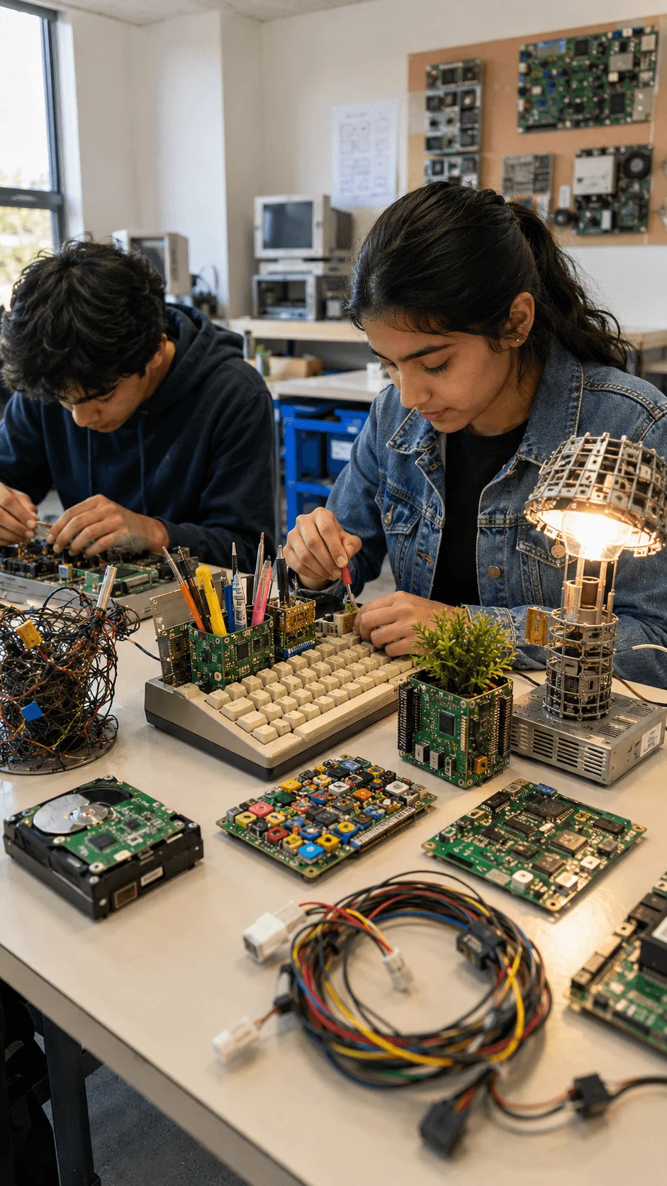Students creating functional products from electronic waste using recycled computer parts circuit boards keyboards hard drives and wires to promote sustainable innovation recycling and environmental education
