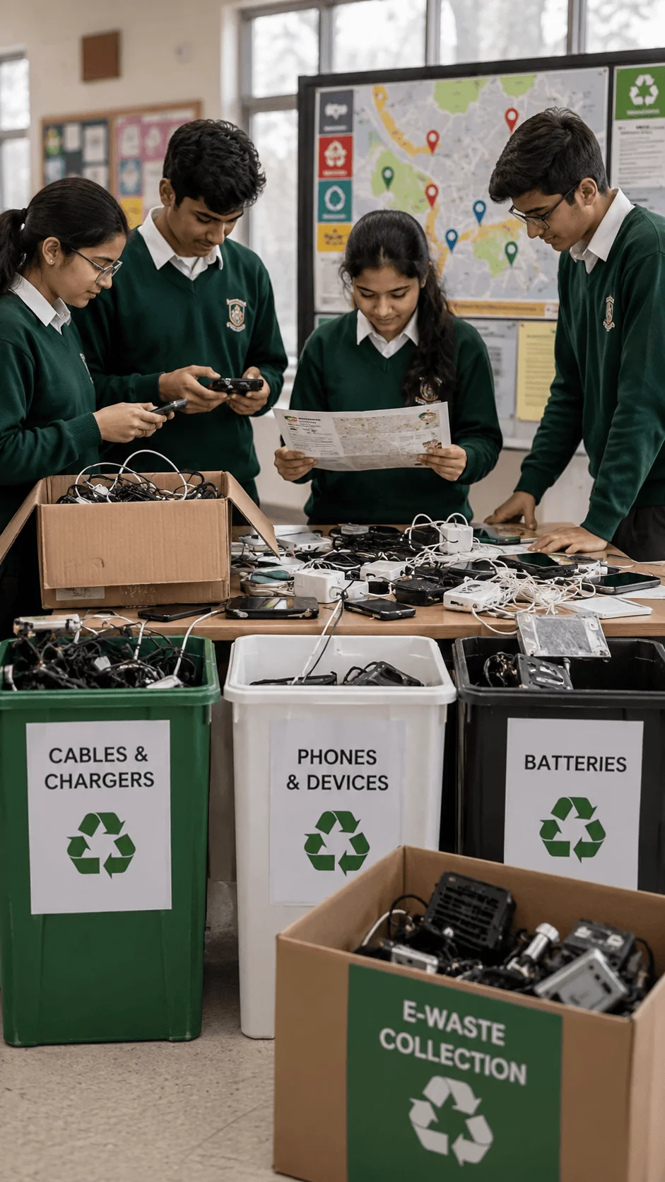 Students sorting phones cables chargers and batteries during a school electronic waste mapping and collection challenge