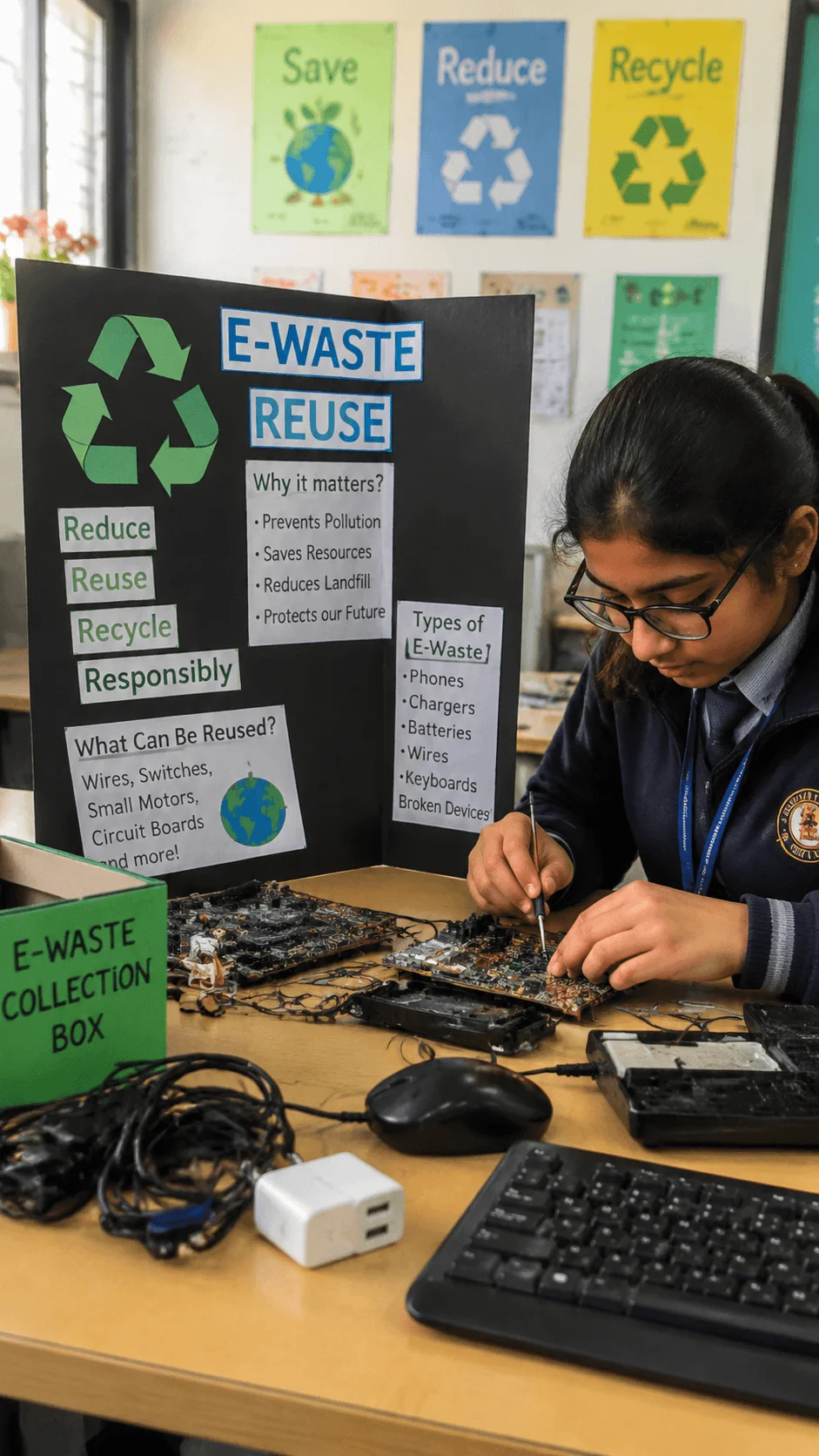 Student working on an E waste reuse science project by examining electronic components and learning about recycling repairing and responsible disposal of old devices
