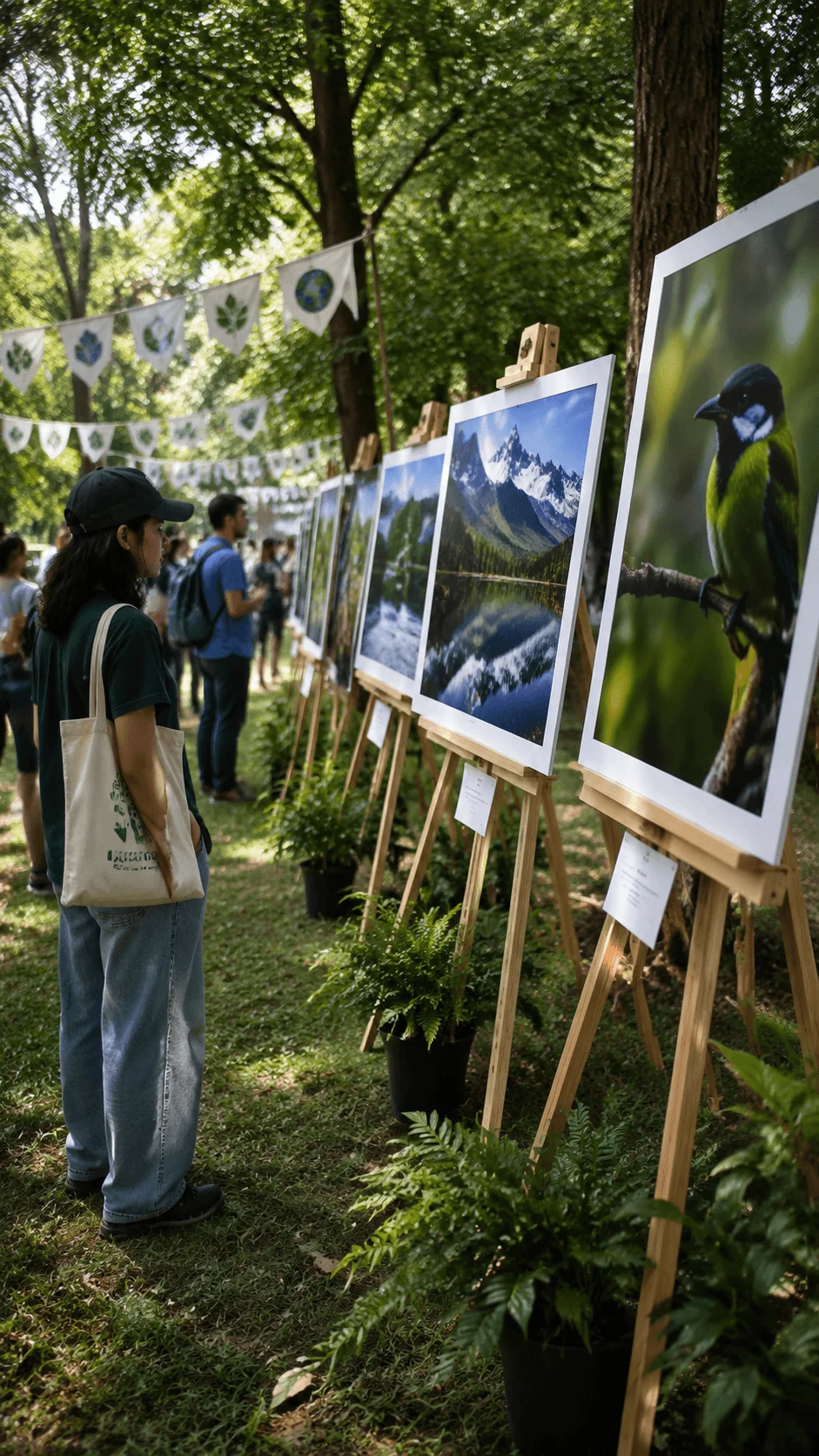Earth Day photography exhibition featuring nature and wildlife photographs displayed on wooden easels in a green outdoor park with visitors exploring the eco friendly art showcase