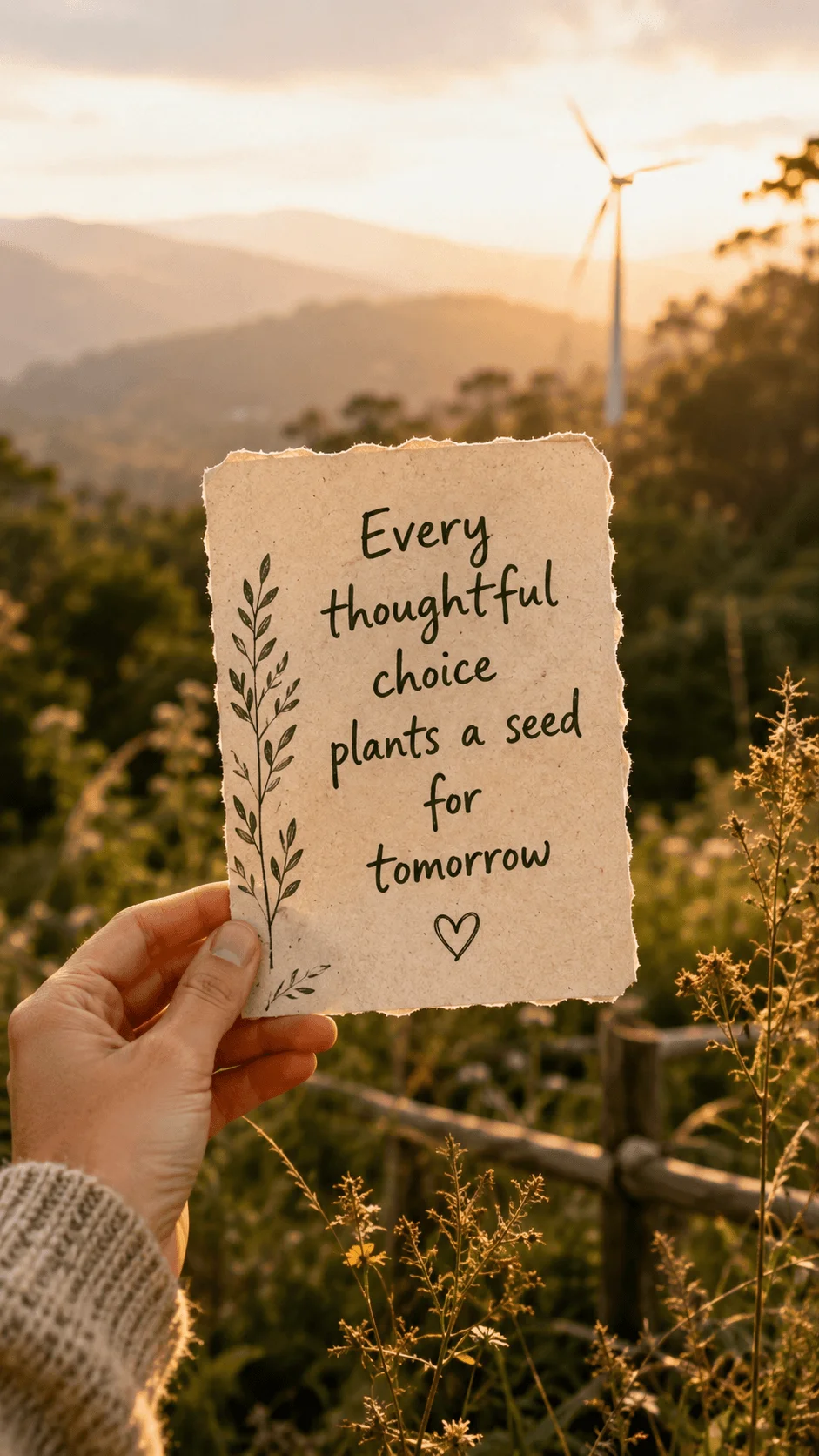 Earth friendly lifestyle quote card held in hand with nature landscape wind turbine mountains and greenery creating a sustainable living inspiration scene
