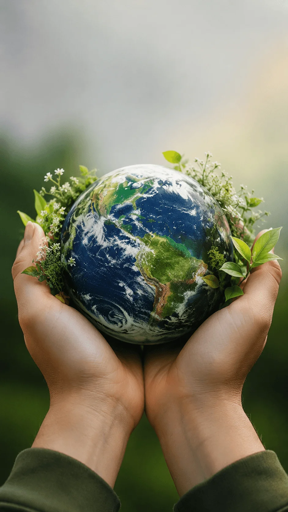 Earth in human hands concept featuring hands gently holding the planet surrounded by green plants and flowers representing environmental care sustainability and protection of nature