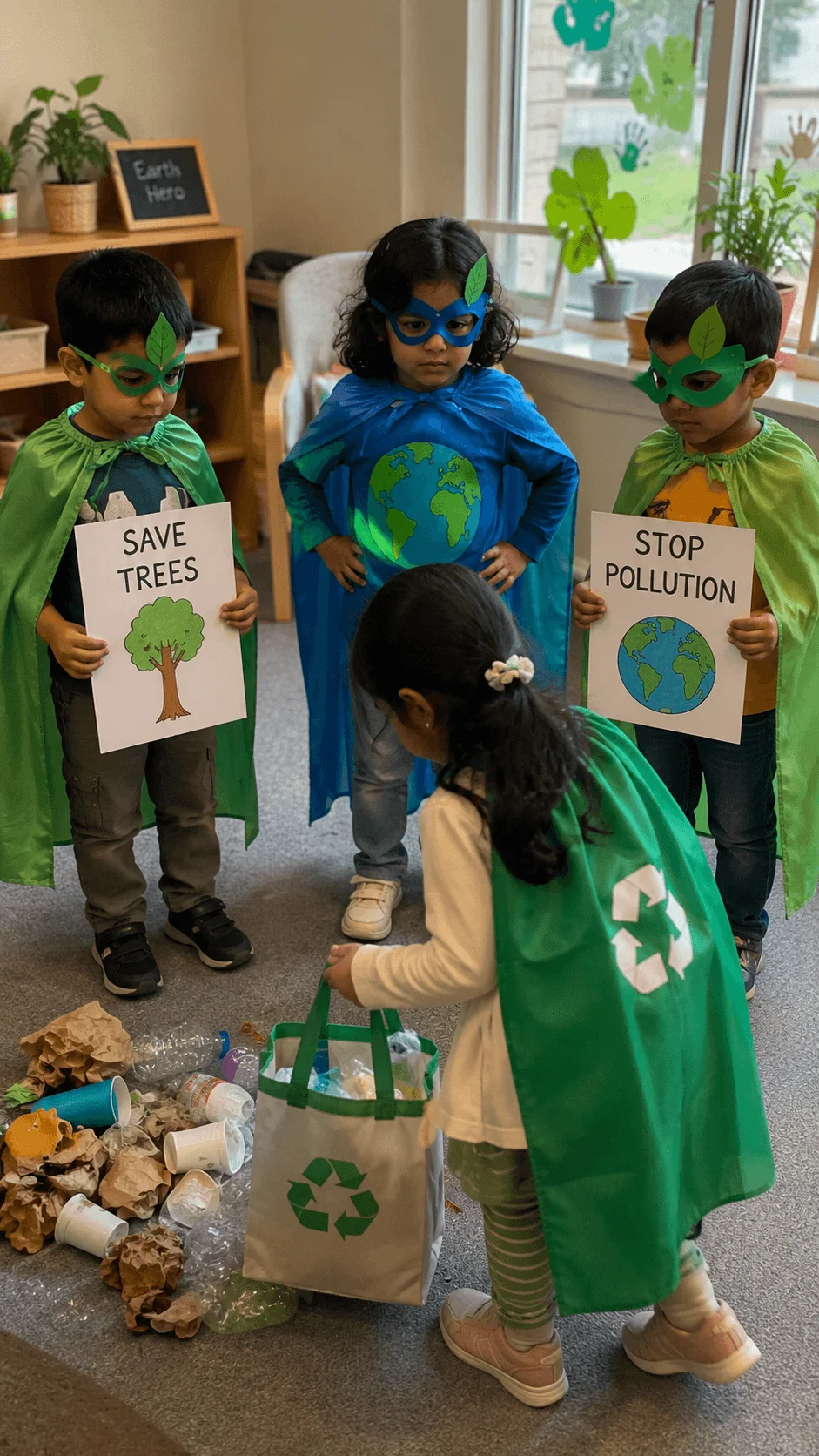 Preschool children dressed as Earth protectors wearing colorful capes and masks while collecting recyclable waste and holding signs about saving trees and stopping pollution.