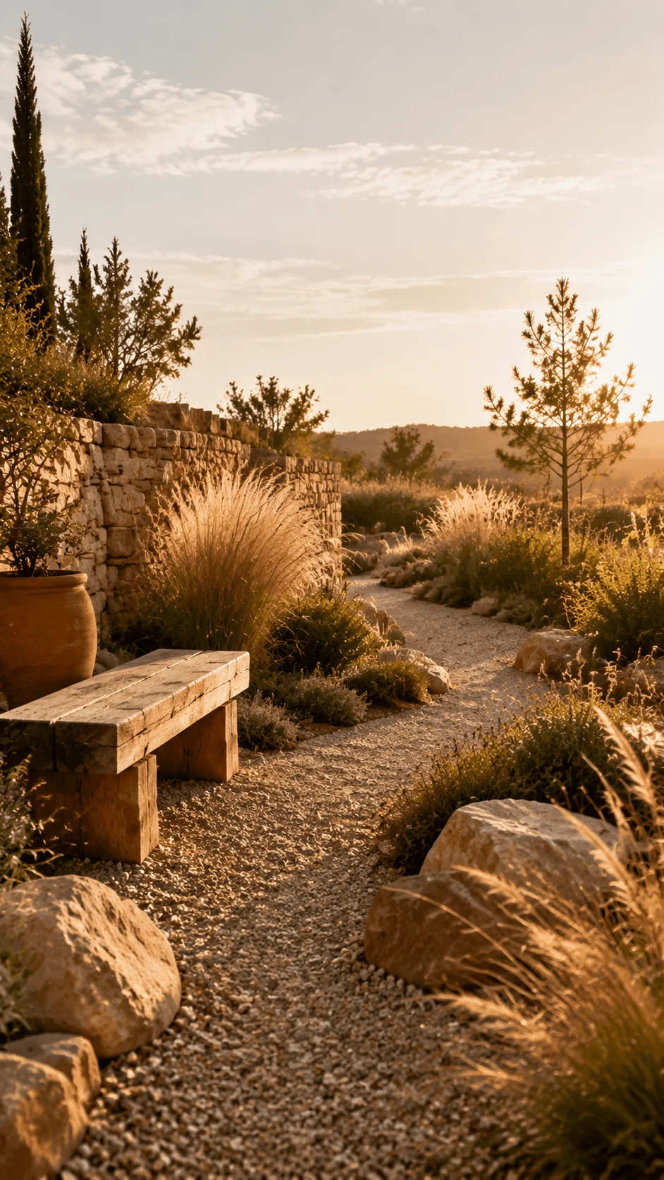 Earth rooted warm neutral landscape with a peaceful garden path, stone walls, wooden bench, ornamental grasses, natural rocks, and soft golden sunlight creating a calm sustainable outdoor atmosphere