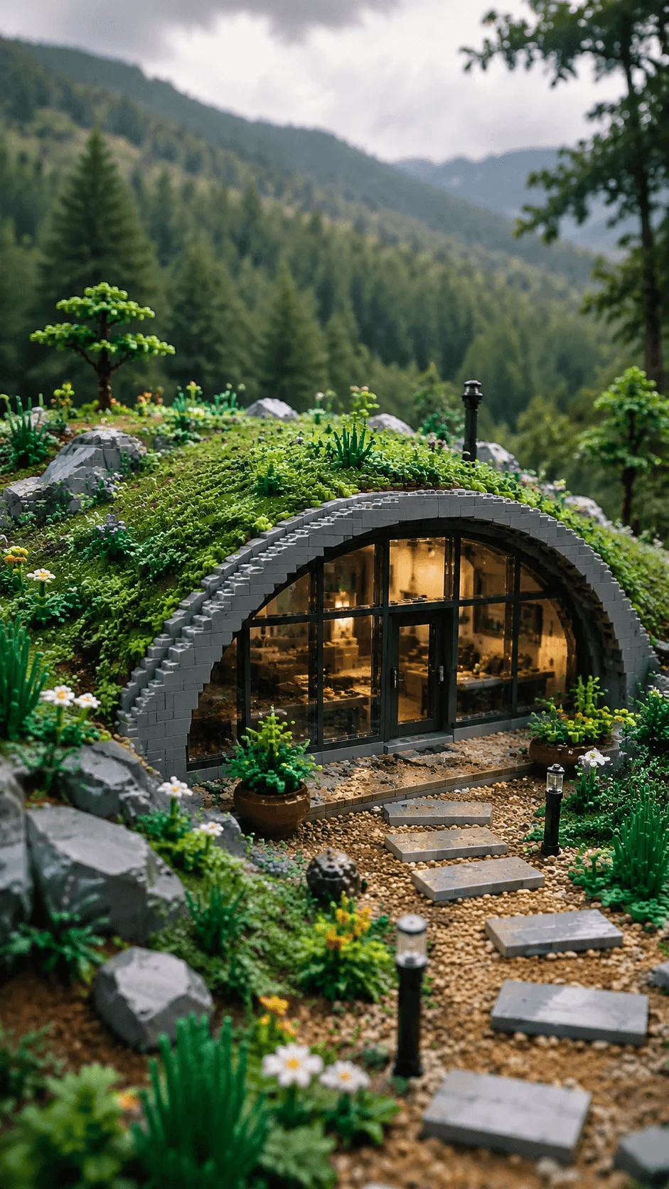 Realistic LEGO earth sheltered house built into a hillside with grass covered roof large windows stone pathway rocks and natural landscape blending with the environment