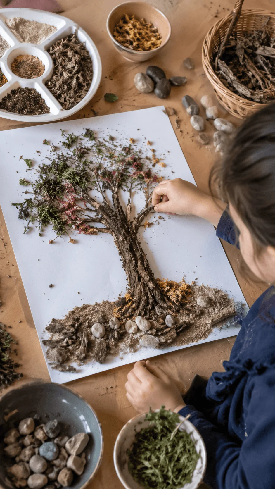 Earth texture nature art project showing a child creating a tree landscape collage using bark moss leaves soil stones and natural materials on paper surrounded by bowls of collected outdoor elements.