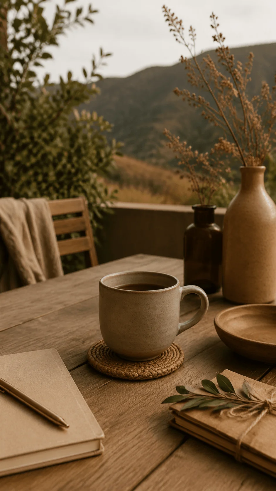 Earth tone aesthetic photography featuring a cozy natural setting with a ceramic coffee cup, wooden table, handmade decor, neutral colors, dried plants, and a peaceful outdoor landscape inspired by sustainable living.